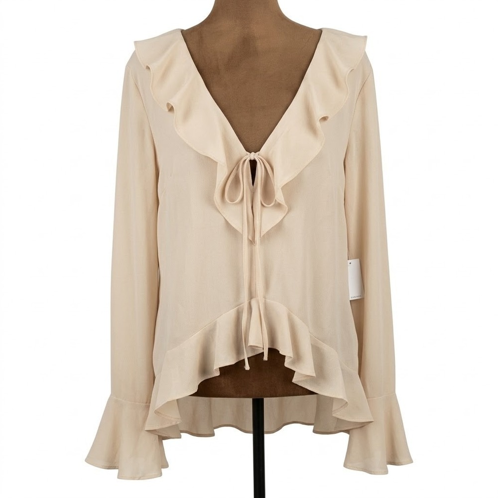 Old Navy Blouse Ruffle Top Size L Long Bell Sleeve Tassels Semi Sheer Tan NWT